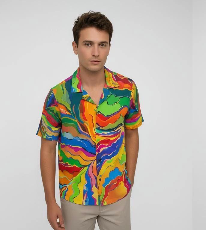 Psychedelic Swirl Camp Shirt - Vibrant Maximalist Hawaiian Shirt for Summer Festivals by Aesthetic Rebellion