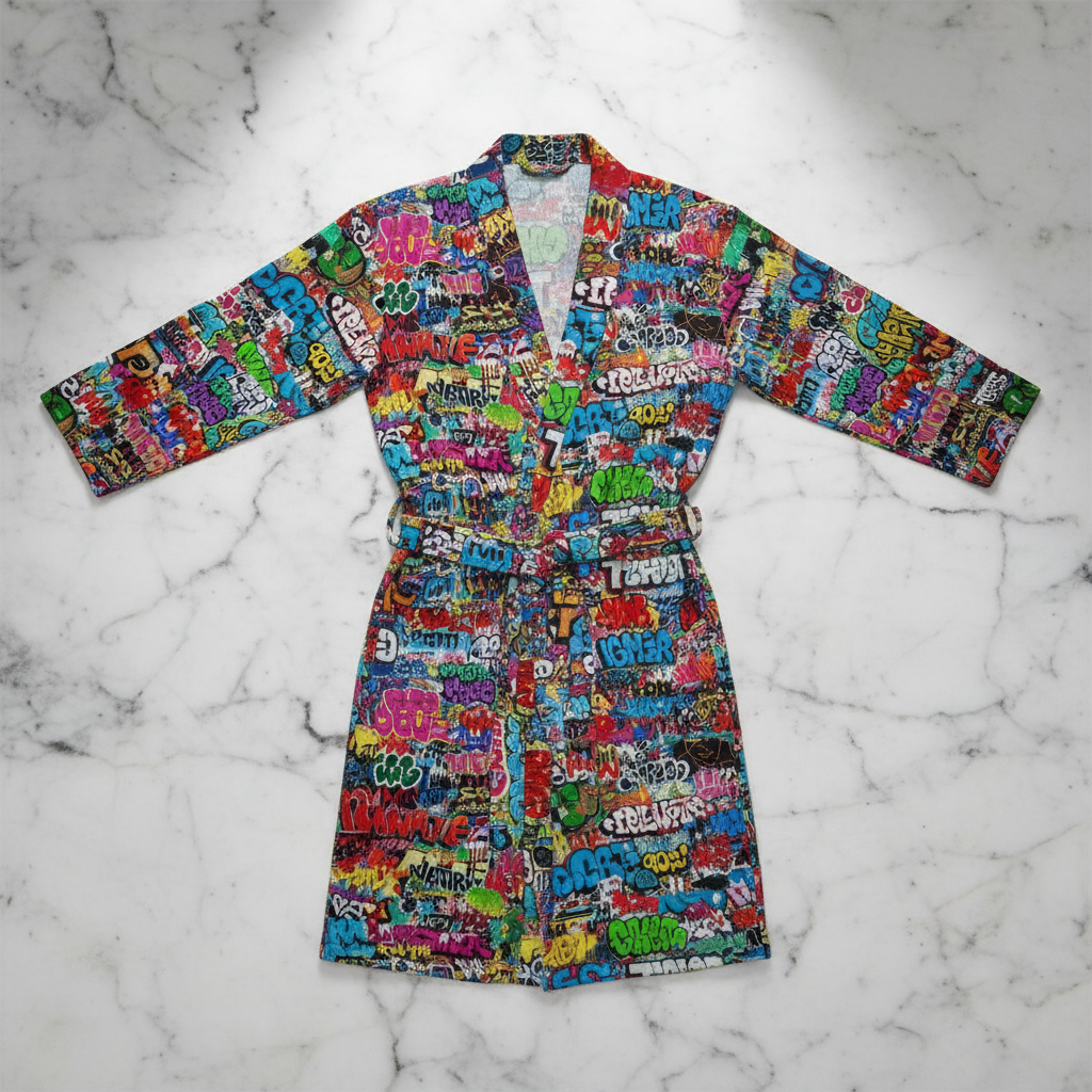 Graffiti Tag AOP Fleece-Lined Bathrobe for Maximalist Loungewear Collectors — Plush All-Over Print Unisex Robe, Colorful Street Art Home Spa Statement, Bold Gift for Him Her