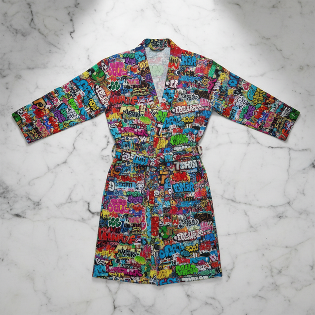 Graffiti Tag AOP Fleece-Lined Bathrobe for Maximalist Loungewear Collectors — Plush All-Over Print Unisex Robe, Colorful Street Art Home Spa Statement, Bold Gift for Him Her