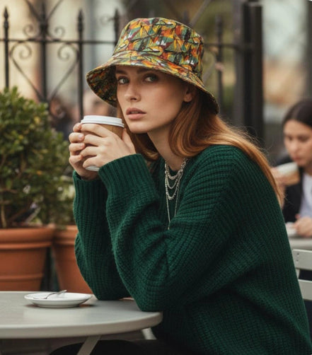 Nature Calls Abstract Leaf Bucket Hat - Earthy Autumn Print Sun Hat for Gorpcore Style by Aesthetic Rebellion