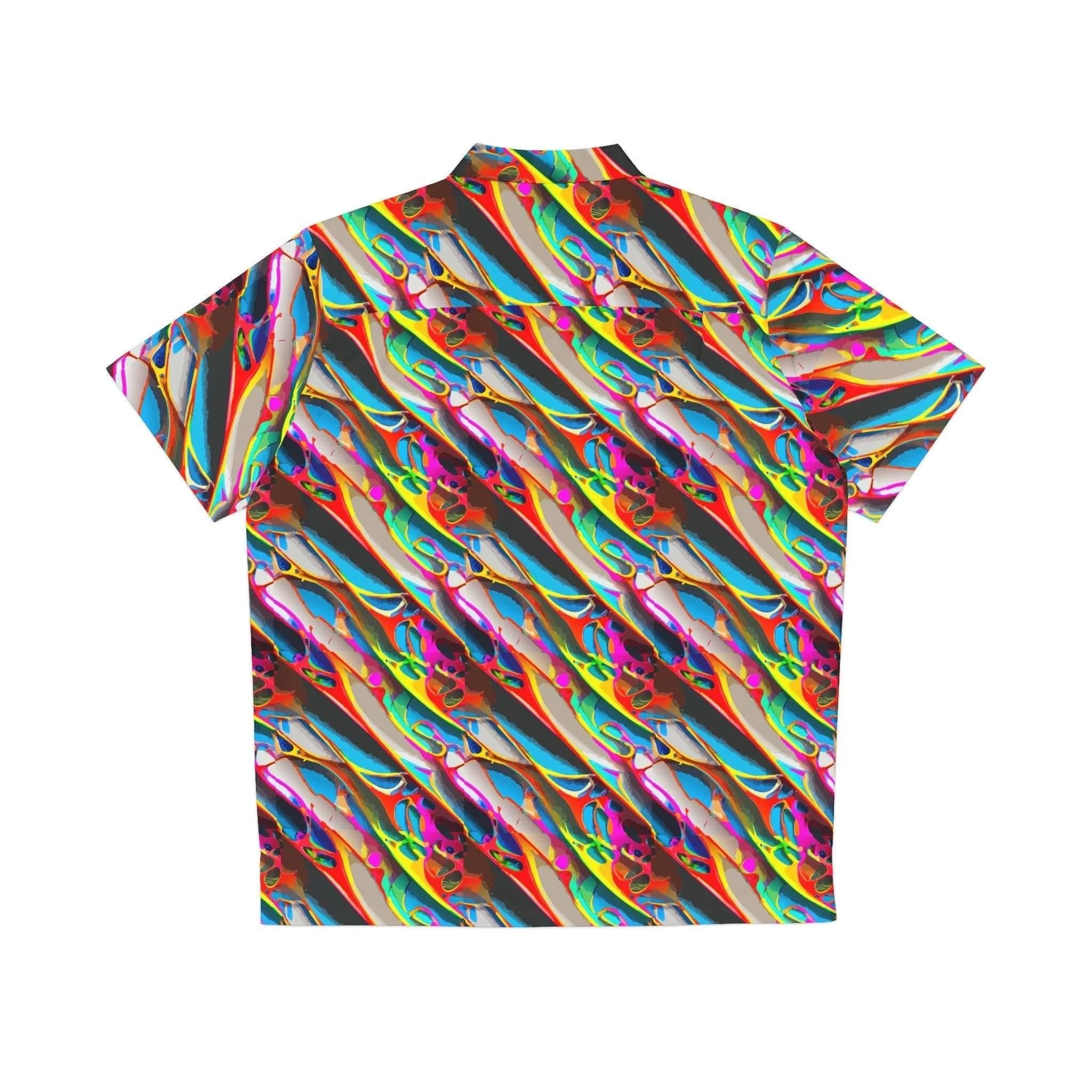 Prismatic Crimson Wave Hawaiian Shirt – High-Energy Festival Aloha Top by Aesthetic Rebellion