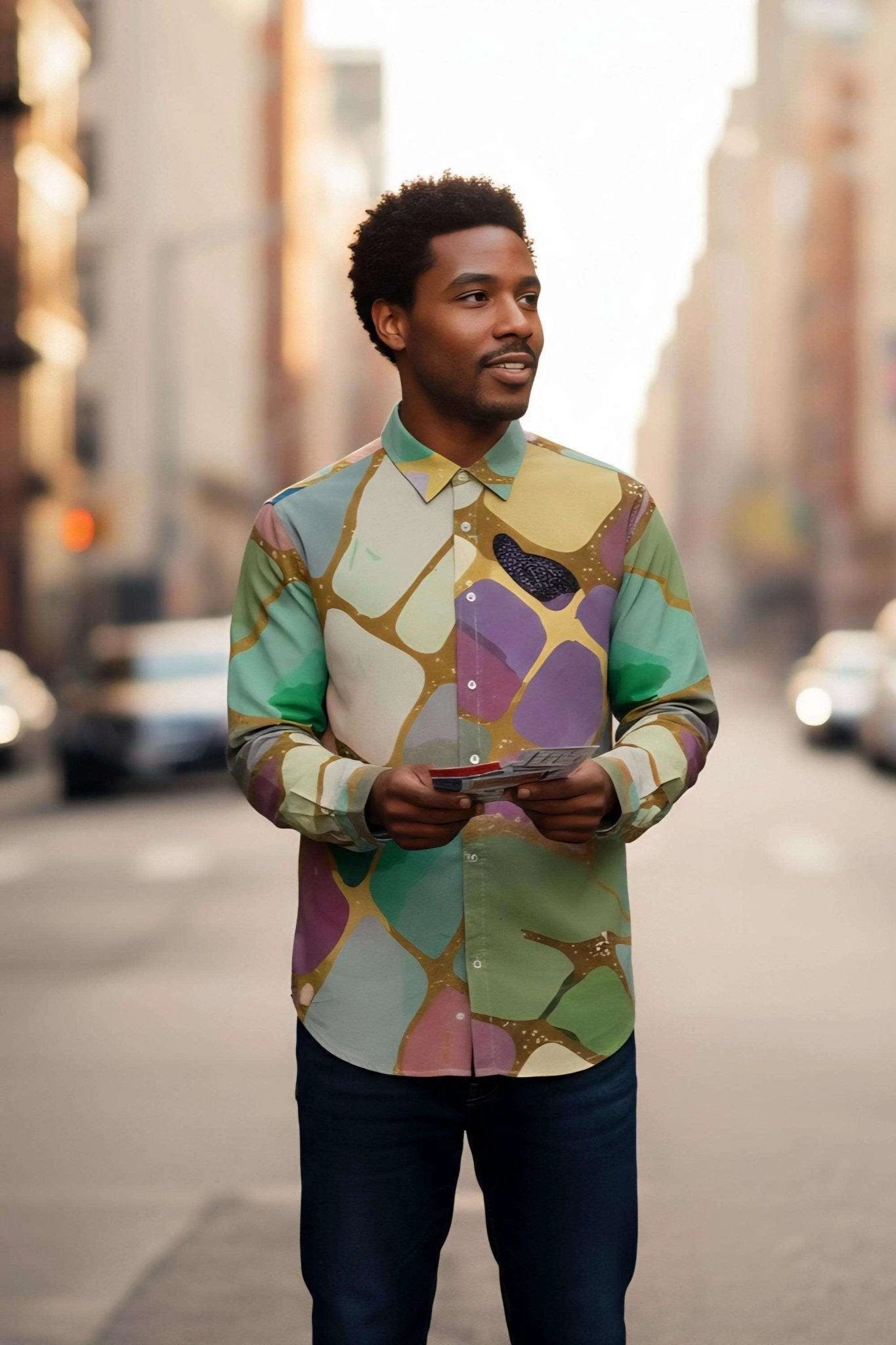 Emerald Shards Cotton Poplin Dress Shirt - Luxury Geometric Button-Down for Modern Men by Aesthetic Rebellion