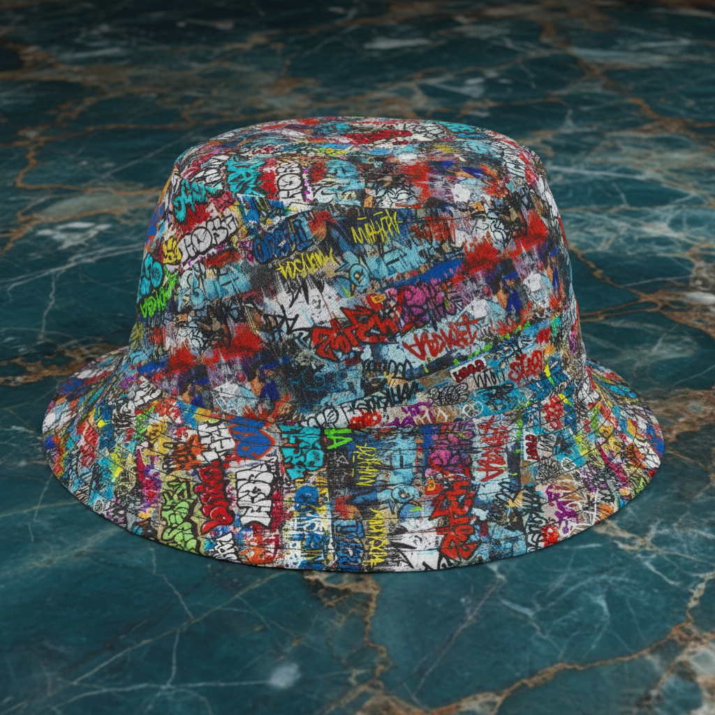 Graffiti Print AOP Bucket Hat | Maximalist All-Over Print Urban Festival Sun Hat