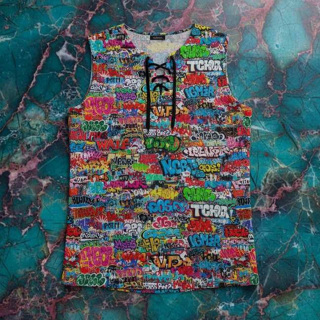 Maximalist Drawstring Tank for Festival-Ready Dressers — Bold AOP Cotton-Blend Sleeveless, Adjustable Hem Streetwear, Summer Gym Festival Hybrid, Men's Wearable Art Top