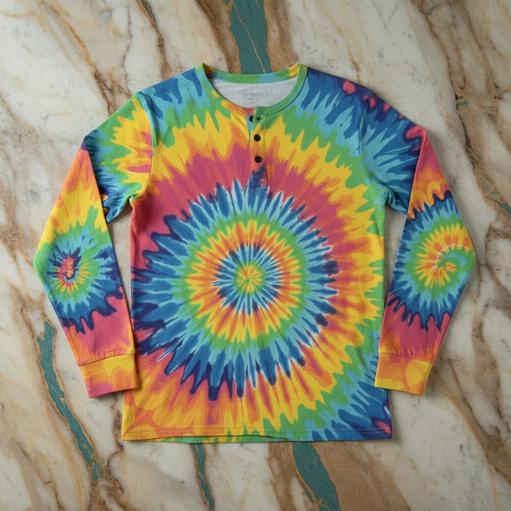 Chaos Core henley shirt by Dyles Mavis — long sleeve button placket henley with all-over print of a classic rainbow tie-dye spiral in red, yellow, green, blue and purple, flat lay on marble