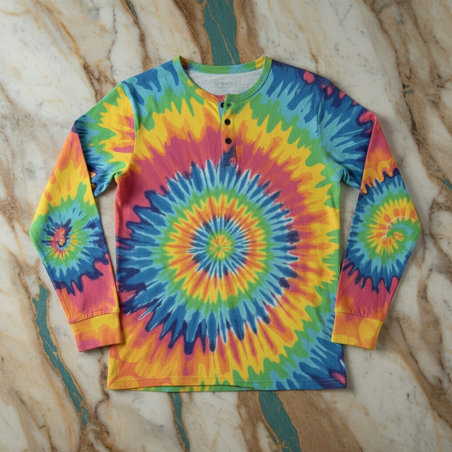 Chaos Core henley shirt by Dyles Mavis — long sleeve button placket henley with all-over print of a classic rainbow tie-dye spiral in red, yellow, green, blue and purple, flat lay on marble