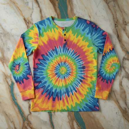 Chaos Core henley shirt by Dyles Mavis — long sleeve button placket henley with all-over print of a classic rainbow tie-dye spiral in red, yellow, green, blue and purple, flat lay on marble