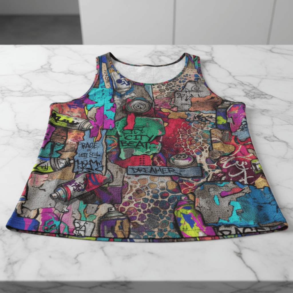 Chaos Crew Tank for the Chronically Self-Expressive — Graffiti-style street art print in neon tones. Unisex tank top with dopamine dressing, eclectic maximalism, main character energy style. Aesthetic Rebellion.