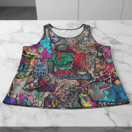Chaos Crew Tank for the Chronically Self-Expressive — Graffiti-style street art print in neon tones. Unisex tank top with dopamine dressing, eclectic maximalism, main character energy style. Aesthetic Rebellion.