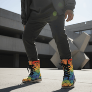 Kaleidoscope Mosaic boots by Dyles Mavis — plush-lined winter boots with all-over print of a rainbow stained-glass mosaic pattern in red, orange, yellow, green and blue, worn by a model on concrete steps