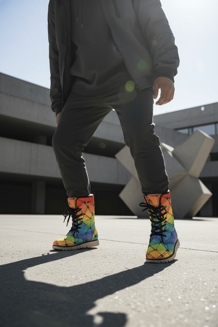 Kaleidoscope Mosaic boots by Dyles Mavis — plush-lined winter boots with all-over print of a rainbow stained-glass mosaic pattern in red, orange, yellow, green and blue, worn by a model on concrete steps