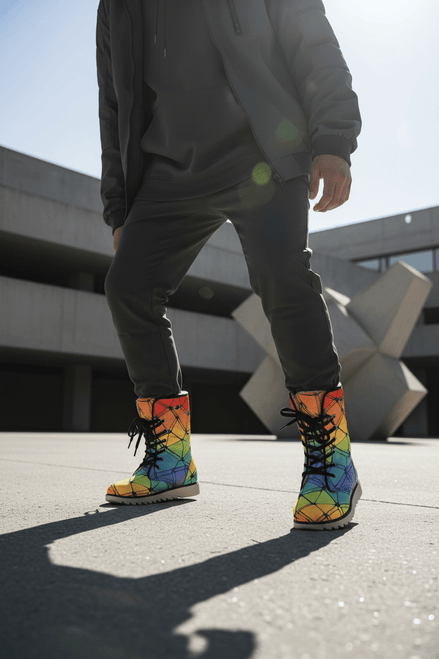 Kaleidoscope Mosaic boots by Dyles Mavis — plush-lined winter boots with all-over print of a rainbow stained-glass mosaic pattern in red, orange, yellow, green and blue, worn by a model on concrete steps