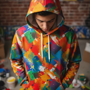 Color Splash warmup hoodie by Dyles Mavis — lightweight close-fitting hoodie with all-over print of a bold painterly color splash in red, orange, blue and green, worn hooded up against a graffiti brick wall