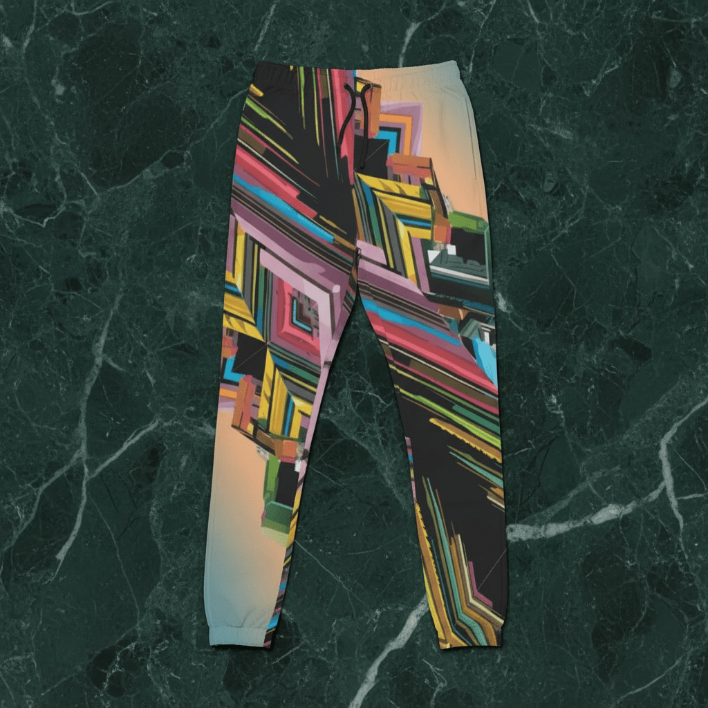 Colorful Abstract Floral Pants — dense multicolor tropical floral illustration covering the fabric edge to edge. Unisex pants with a botanical maximalist, dopamine-dressing streetwear vibe. Aesthetic Rebellion.