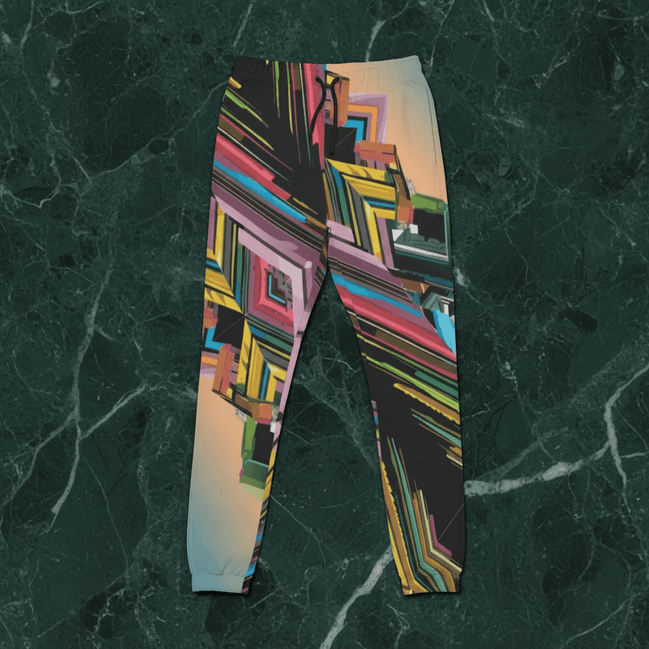 Colorful Abstract Floral Pants — dense multicolor tropical floral illustration covering the fabric edge to edge. Unisex pants with a botanical maximalist, dopamine-dressing streetwear vibe. Aesthetic Rebellion.
