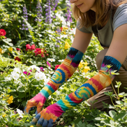 Contessa over-elbow gloves by Dyles Mavis — handmade crushed velour long gloves with all-over print of a radiant tie-dye burst in pink, orange, teal and blue, worn while gardening among flowers