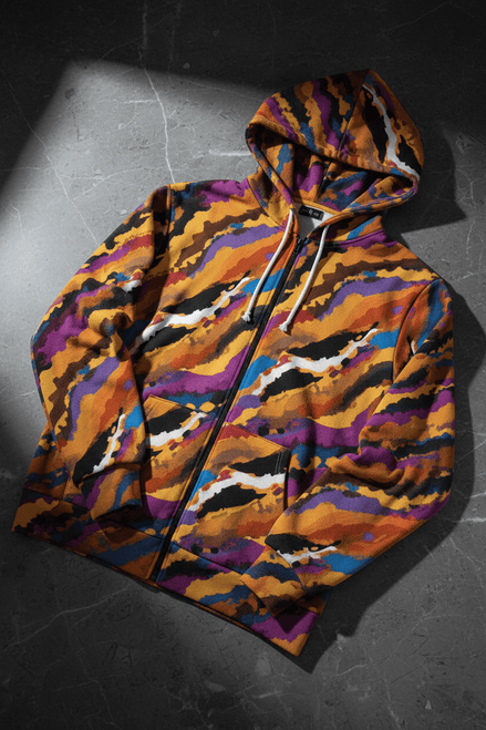 Crisp Burn Painted Strata Zip Hoodie — Sunset Wave All - Over Print - Aesthetic Rebellion