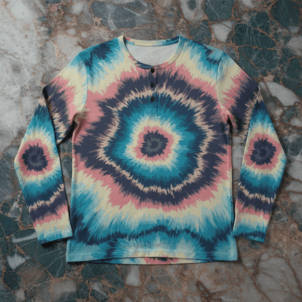 Tidal Bloom henley shirt by Dyles Mavis — long sleeve button placket henley with all-over print of a radiant tie-dye bullseye in navy, pink, teal and cream, flat lay on marbled stone