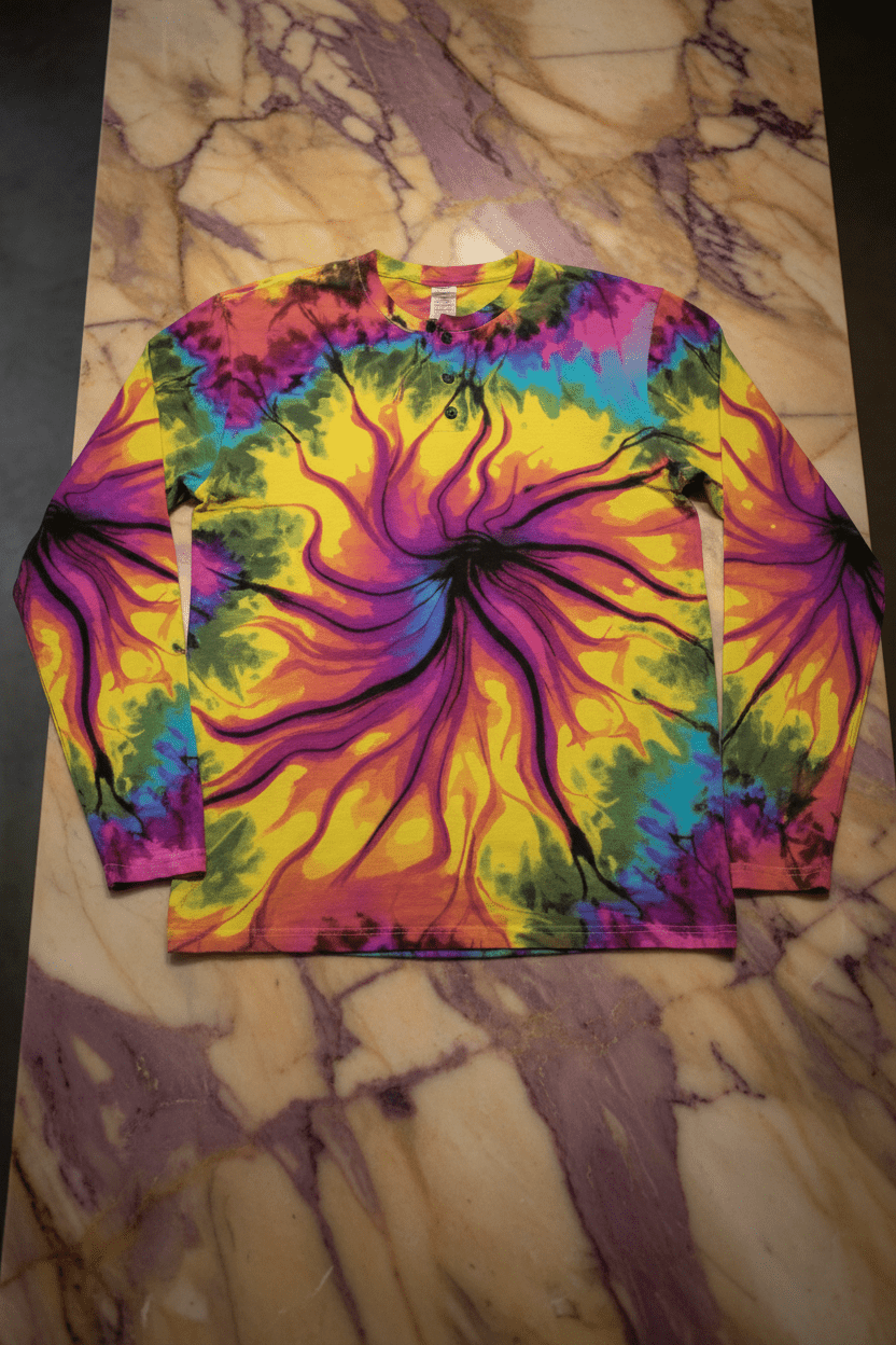 Cyber-Marble Liquid Glitch henley shirt by Dyles Mavis — long sleeve button placket henley with all-over print of a radiant liquid marble burst in gold, magenta, teal and black crack detail, flat lay on marbled stone