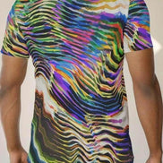 Ethereal Zebra Psychedelic Button-Up — rainbow wave oscilloscope stripe AOP in teal, yellow, orange, red, purple, blue flowing across short-sleeve button-up. Bold festival streetwear. Aesthetic Rebellion.