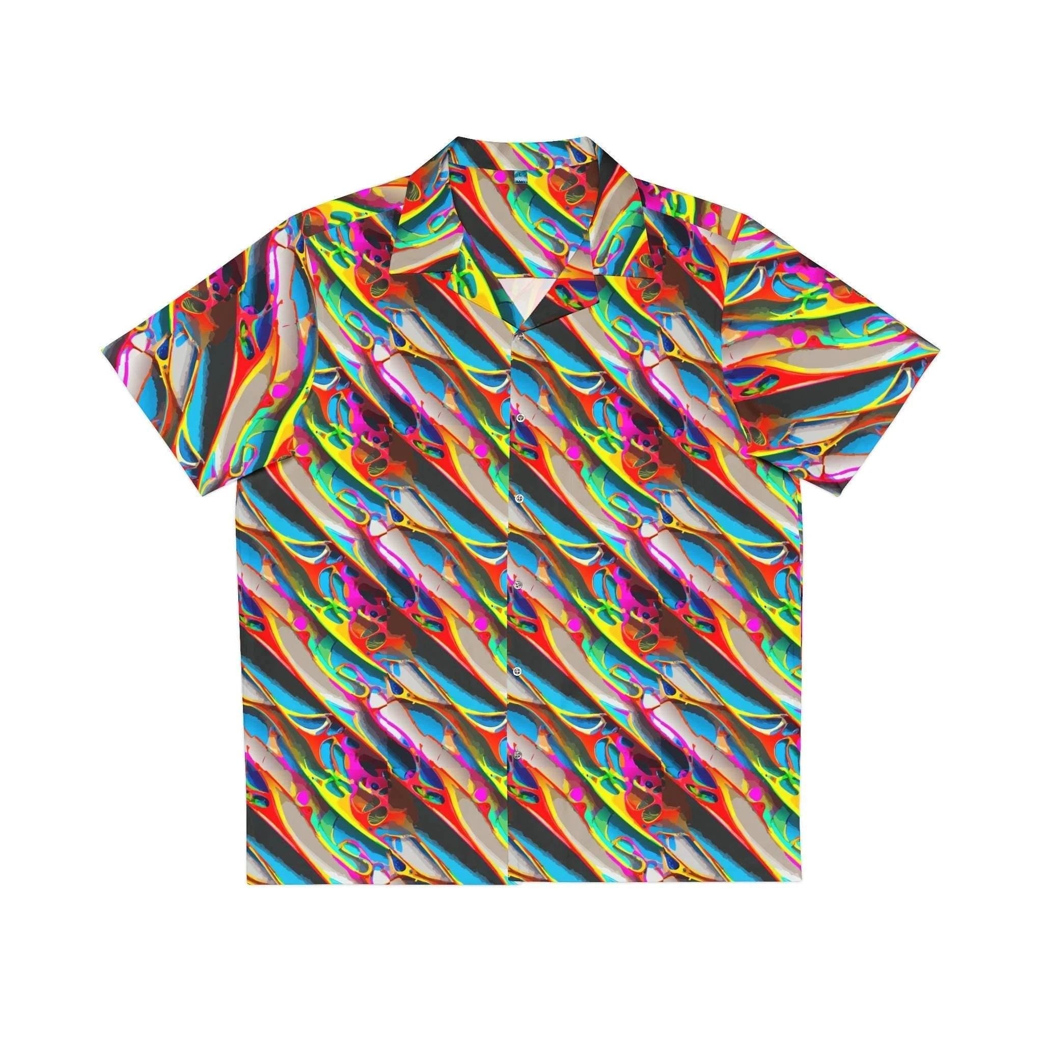 Prismatic Crimson Wave Hawaiian Shirt – High-Energy Festival Aloha Top by Aesthetic Rebellion