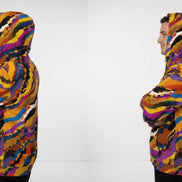 Painted strata all-over print zip hoodie laid flat, color band continuation across panels