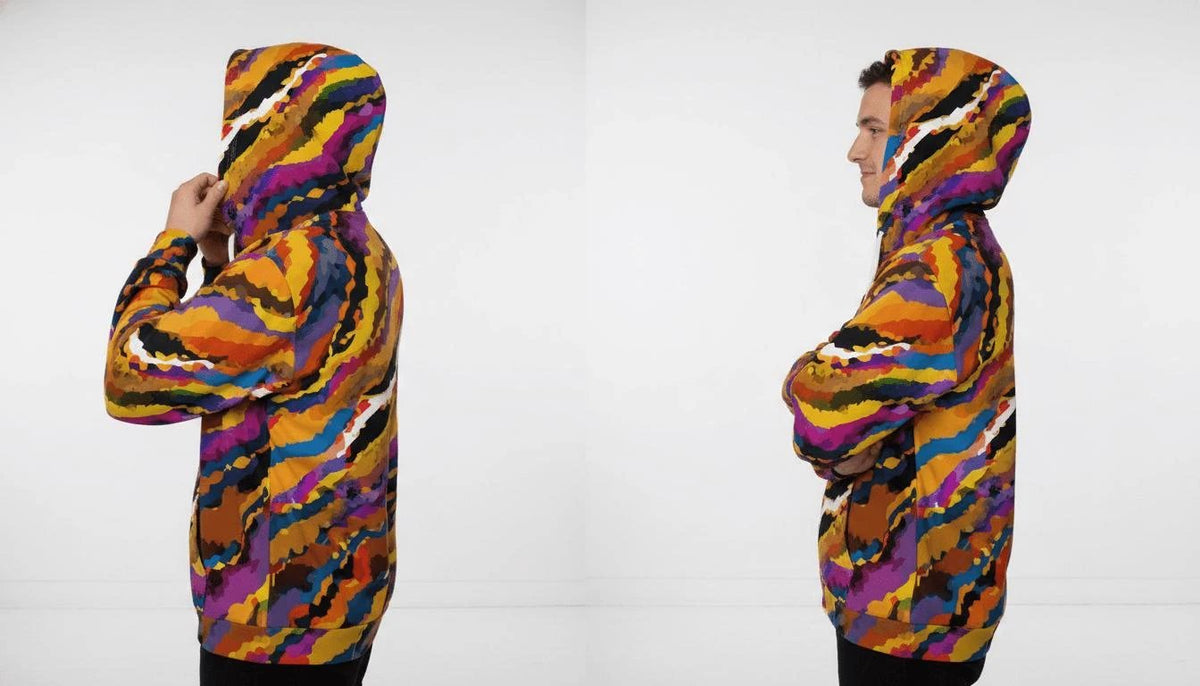 Painted strata all-over print zip hoodie laid flat, color band continuation across panels