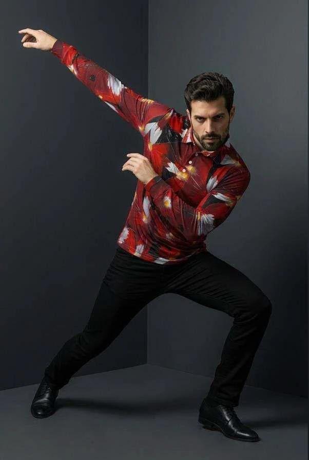 Artsy Floral Men’s Long Sleeve Polo - Polished Maximalist Workwear for Hospitality & Wine Ambassadors by Aesthetic Rebellion
