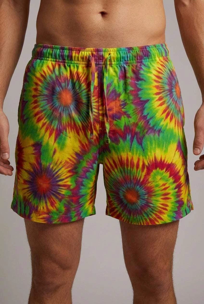 Neon Radial Burst Athletic Shorts - Vibrant Psychedelic Swim Trunks for Bikram Yoga & Rave Fitness by Aesthetic Rebellion