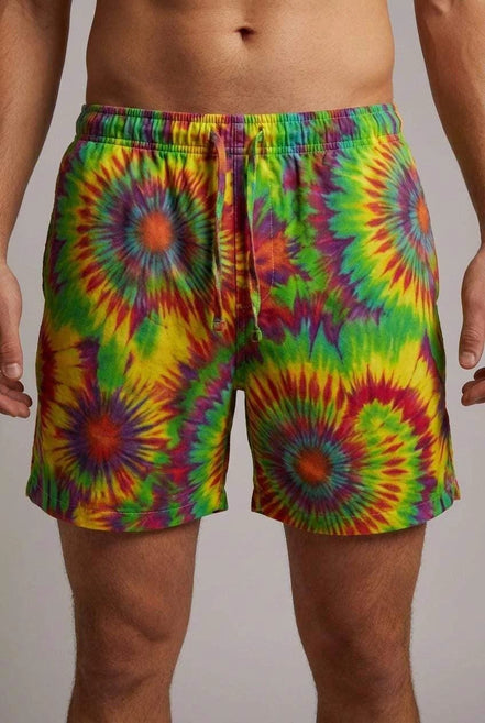 Neon Radial Burst Athletic Shorts - Vibrant Psychedelic Swim Trunks for Bikram Yoga & Rave Fitness by Aesthetic Rebellion