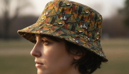 Nature Calls Abstract Leaf Bucket Hat - Earthy Autumn Print Sun Hat for Gorpcore Style by Aesthetic Rebellion