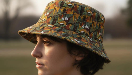 Nature Calls Abstract Leaf Bucket Hat - Earthy Autumn Print Sun Hat for Gorpcore Style by Aesthetic Rebellion