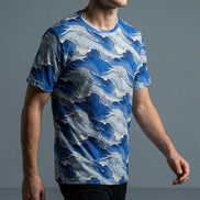 Modern Blue Geometric Wave T-Shirt Inspired by Seigaiha Art - Aesthetic Rebellion