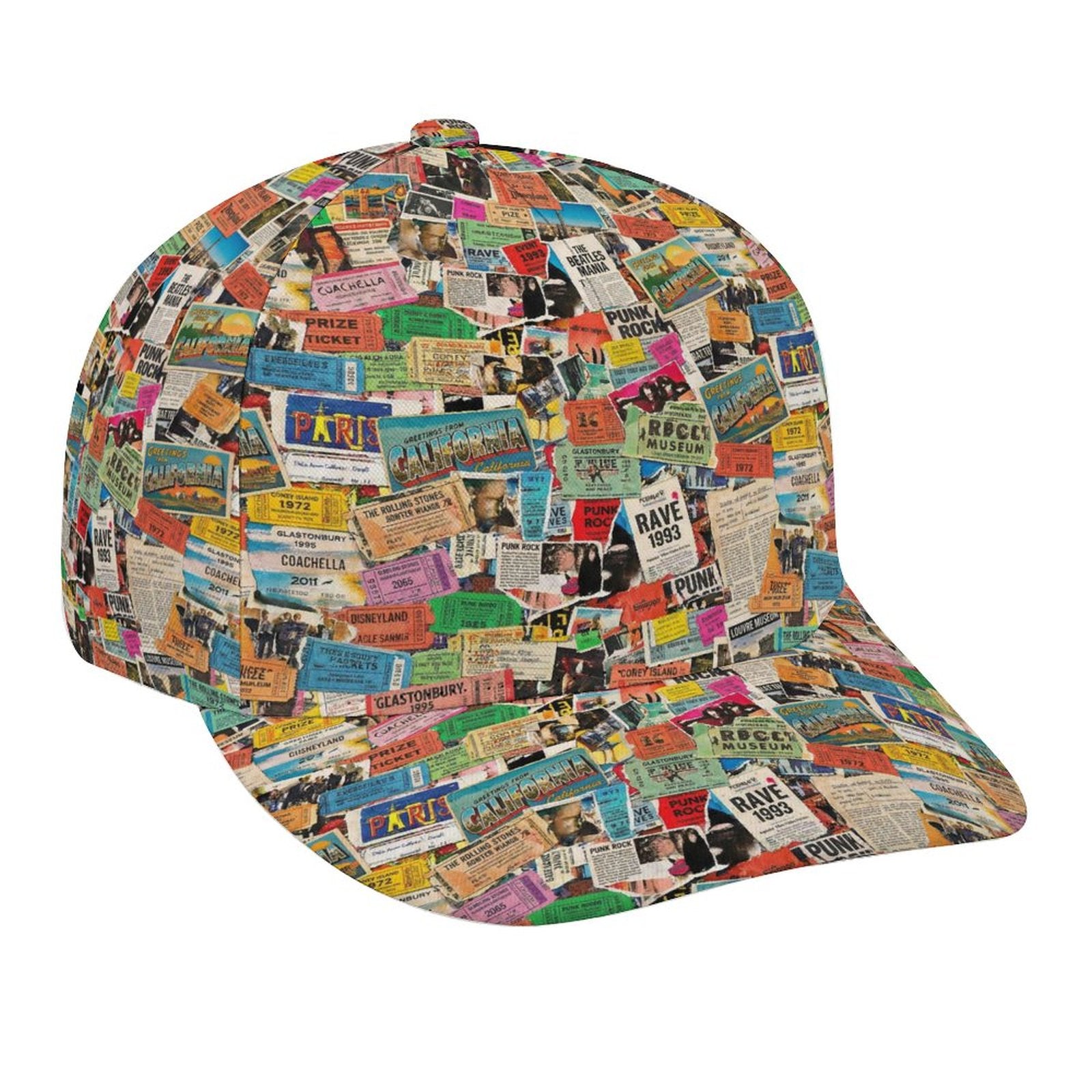 Maximalist AOP Snapback for Wanderlust Dressers — Ticket To Somewhere Bent Brim Cap, Festival Travel Hat, Streetwear Statement, Outdoor Adventure Cap, Unisex Bold Print