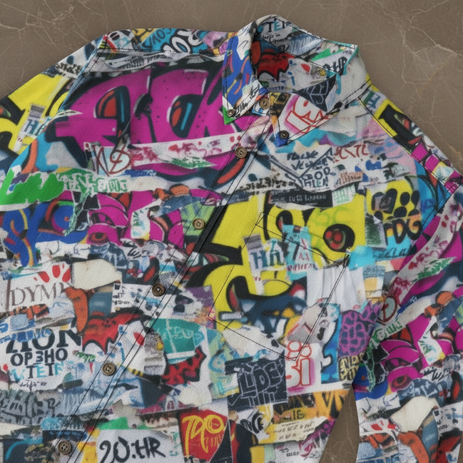 Maximalist Slub Cotton Dress Shirt for Main Characters — Vibrant Vigilante AOP Button-Down, Gallery Opening Menswear, Jazz Bar Outfit, Creative Director Uniform, Wearable Art