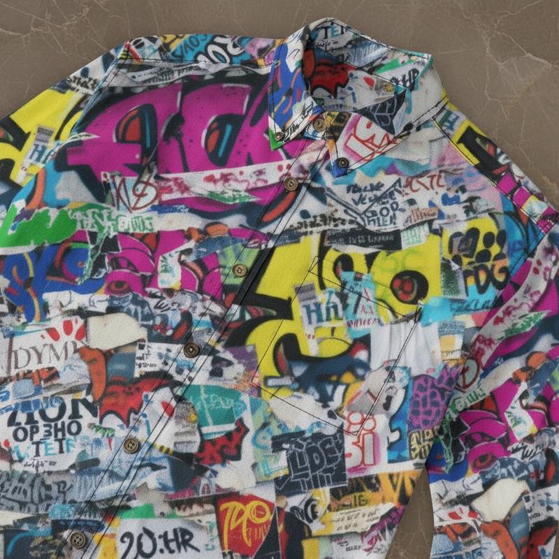 Maximalist Slub Cotton Dress Shirt for Main Characters — Vibrant Vigilante AOP Button-Down, Gallery Opening Menswear, Jazz Bar Outfit, Creative Director Uniform, Wearable Art