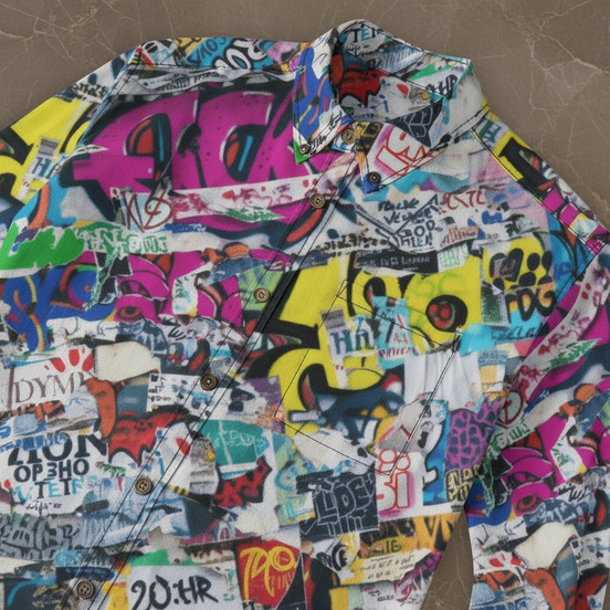 Maximalist Slub Cotton Dress Shirt for Main Characters — Vibrant Vigilante AOP Button-Down, Gallery Opening Menswear, Jazz Bar Outfit, Creative Director Uniform, Wearable Art