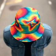Psychedelic Summer Sun Bucket Hat - Bold Rainbow Geometric Headwear for Beach & Festivals by Aesthetic Rebellion