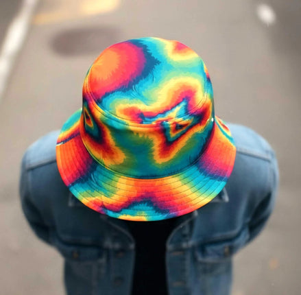 Psychedelic Summer Sun Bucket Hat - Bold Rainbow Geometric Headwear for Beach & Festivals by Aesthetic Rebellion
