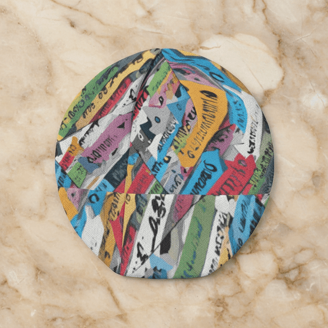 Round double-sided AOP knit beanie with dense colorful graffiti tag collage in green, blue, yellow, orange, and red
