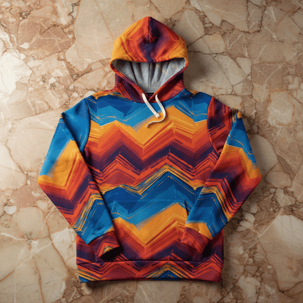 Digital Sunset Chevron hoodie by Dyles Mavis — pullover hoodie with all-over print of sharp chevron zigzag waves in crimson, cobalt blue and gold, flat lay on marble