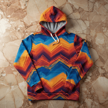 Digital Sunset Chevron hoodie by Dyles Mavis — pullover hoodie with all-over print of sharp chevron zigzag waves in crimson, cobalt blue and gold, flat lay on marble