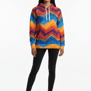 Digital Sunset Chevron Hoodie — Crimson & Cobalt Vector Wave AOP Pullover from Maximalist Motifs - Aesthetic Rebellion