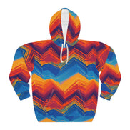 Digital Sunset Chevron Hoodie — Crimson & Cobalt Vector Wave AOP Pullover from Maximalist Motifs - Aesthetic Rebellion