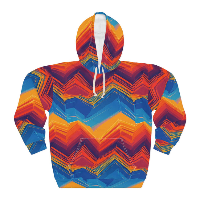 Digital Sunset Chevron Hoodie — Crimson & Cobalt Vector Wave AOP Pullover from Maximalist Motifs - Aesthetic Rebellion