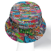 Graffiti Wildstyle reversible bucket hat by Dyles Mavis — double-sided bucket hat with all-over print of dense multicolor graffiti wildstyle tags, shown from above on a mannequin head