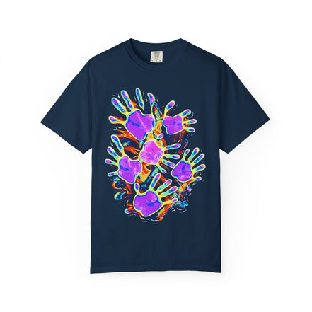 Dyles Mavis Handprint Psychedelic Neon T-Shirt for Bold Streetwear — Psychedelic full-coverage print in neon tones. Unisex t-shirt with dopamine dressing, post-internet fashion, weird girl aesthetic style. Aesthetic Rebellion.