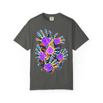 Dyles Mavis Handprint Psychedelic Neon T-Shirt for Bold Streetwear — Psychedelic full-coverage print in neon tones. Unisex t-shirt with dopamine dressing, post-internet fashion, weird girl aesthetic style. Aesthetic Rebellion.
