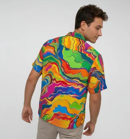 Psychedelic Swirl Camp Shirt - Vibrant Maximalist Hawaiian Shirt for Summer Festivals by Aesthetic Rebellion