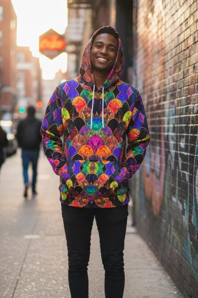 Rainbow Fish Primal Print Hoodie - Vibrant Aquatic Art Sweatshirt for Bold Streetwear by Aesthetic Rebellion